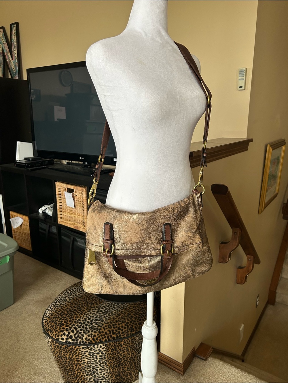 Fossil Explorer Bronze/Brown Large Leather fold over Crossbody/Tote Bag